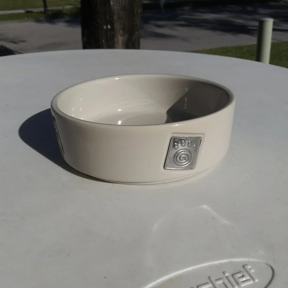 Dog Food Bowl Beige with Silver Colored Inserts 6